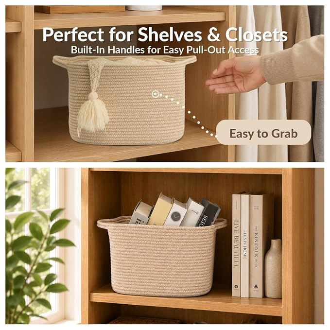 XUANGUO Woven Cotton Rope Storage Basket with Handles 13x10x9 inch Oatmeal | Woven cotton rope basket for shelves and closets. Perfect for toys, books, clothes, nursery storage and gift baskets