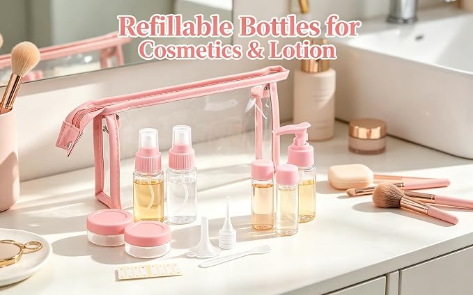 Travel Bottles Kit,11pcs TSA Approved Leak Proof Toiletry Container | PET plastic, leak-proof, TSA size, 40ml bottles, sprayers, jars, bag included, for lotion, shampoo, travel, gym
