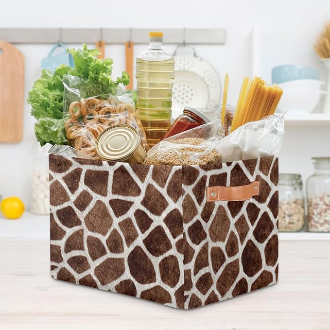 SEULIFE Animal Giraffe Print Pattern Foldable Storage Basket, Large Collapsible Organizer Storage Bin Cube Toys Storage Boxes with Handles for Bathroom Kids Nursery Closet Storage, 1 Pack