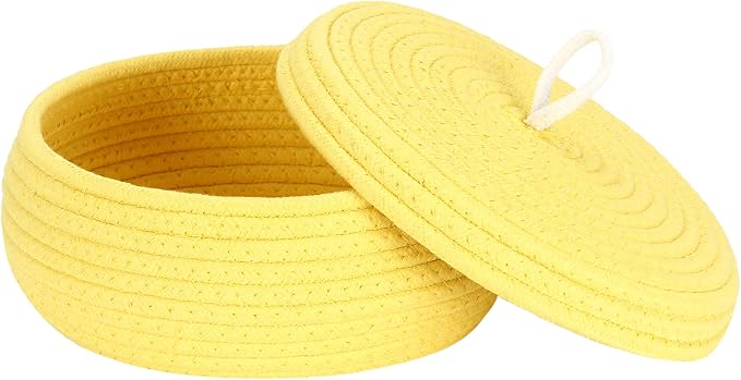 Sea Team Round Woven Cotton Rope Storage Basket with Lid, Yellow | Lidded Knitted Decorative Storage Bin, Pot, Caddy, Organizer, Container for Snacks, Towels, Plants, 10 x 4.5 Inches