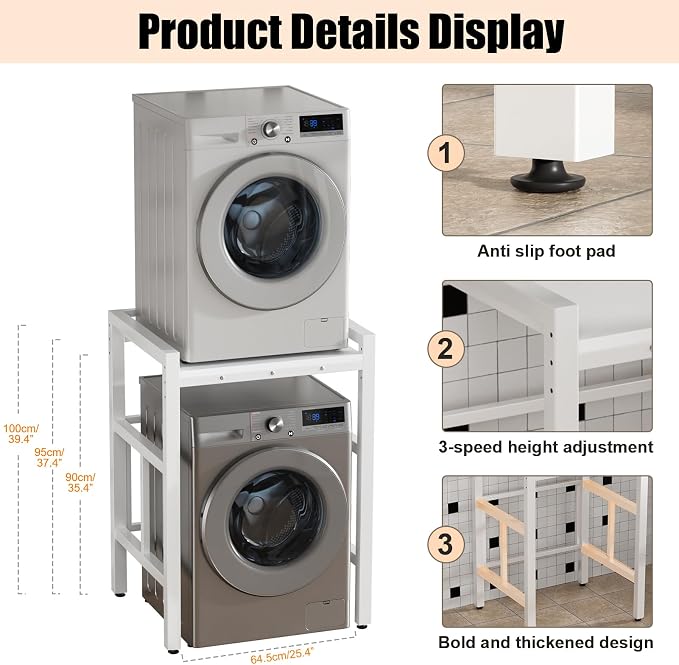 Washer Dryer Stacking Rack, 550lbs Capacity Heavy Duty Washing Machine Storage Utility Rack with Countertop, Height Adjustable Washing Machine Shelf for Laundry Rooms Bathrooms (B)