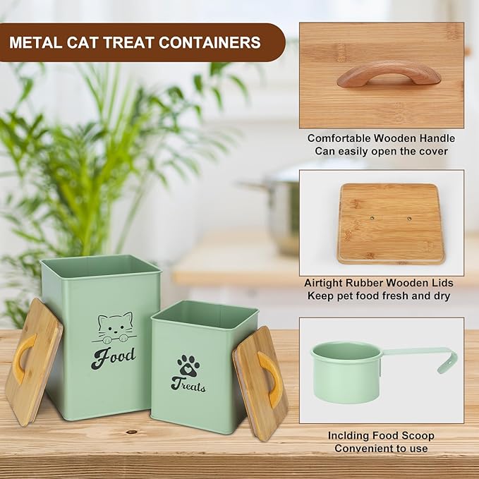 Cat Food Storage Container with Scoop, 2PCS Cat Food Storage Container with Lids Airtight, Cat Treat Jars for Kitchen Counter-7+3Lbs, Cat Cookie Jar for Storage,Saga Green