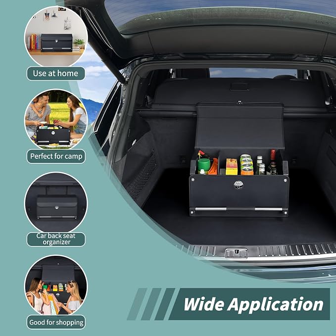 Car Trunk Organizer Leather Car Storage Organizer with Lid Car Organizer | Suv Trunk Organizer with Sturdy Handle Car Cargo Storage Box for Minivan, Sedan, Jeep (Black, 20.47 x 11.4 x 12.2in)