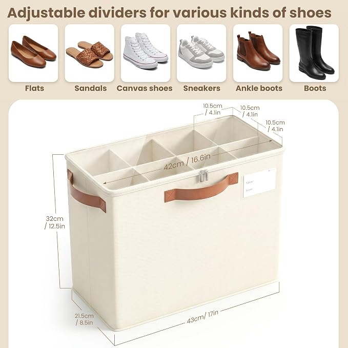 Varhomax Shoe Organizer Box for Closet, Small Fabric Storage Basket 2 Pack | Foldable Shoe Bin with Adjustable Dividers & Clear Cover, Saving Space Sneakers & Sandals Containersfor Entryway, Cubby