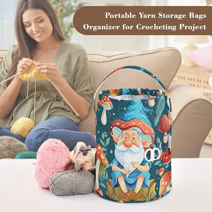 Fustylead Magical Gnome and Vibrant Mushroom Knitting Crochet Bag, Portable Large Yarn Storage Drawstring Basket Organizer for Crocheting Hooks, Project, Store Skein Ball, Short Knitting Needle