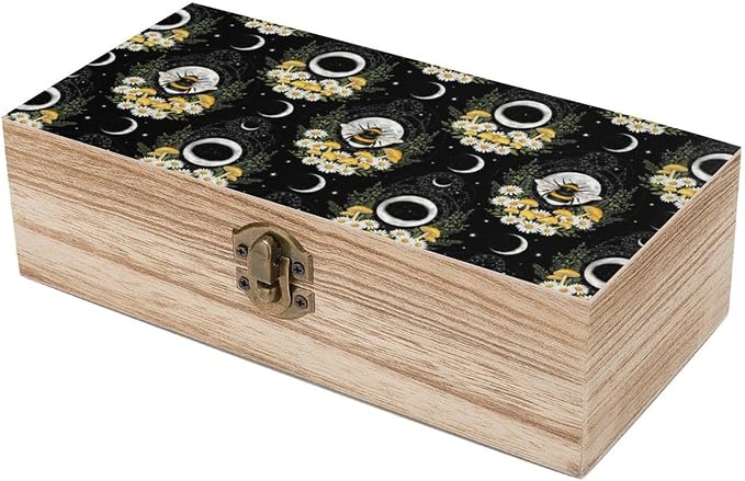 Wooden Storage Boxes Decorative Keepsake Organizer with Lid, Witchy Gothic | Moon Mushroom Floral Bee Memory Box for Picture Letters, Holiday Party Decoration, 9.2x5.5x3.9 Inch