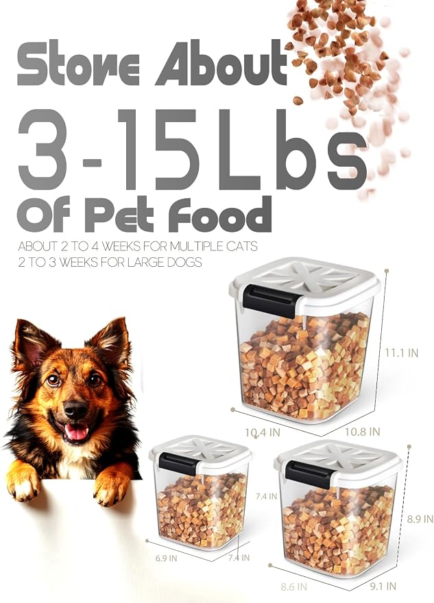 20 lb Stackable Pet Food Storage Containers, 3 Pack | Three stackable airtight bins hold 4, 6, and 10 lb for 20 lb total; includes 3 measuring cups and clear BPA-free bodies.