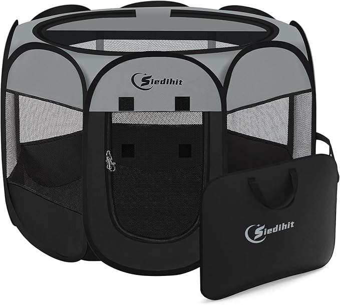 Siedihit Dog Cat Playpen, Puppy Pet Playpen Indoor for Dog Crate Tent | Cage Outdoor, Portable Pop Up Dogs Enclosure Kennel with Carrying Case for Dogs/Cats/Rabbits (Dark Grey, Medium)