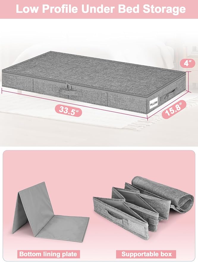 4-In Low Profile Under Bed Storage, Rigid Structure, 2 Pack, Gray | Below 4 Inch Low Space Storage, Rigid Sides & Bottom, Reinforced Handles, Foldable Design, for Couches, Cribs, Dorm Beds