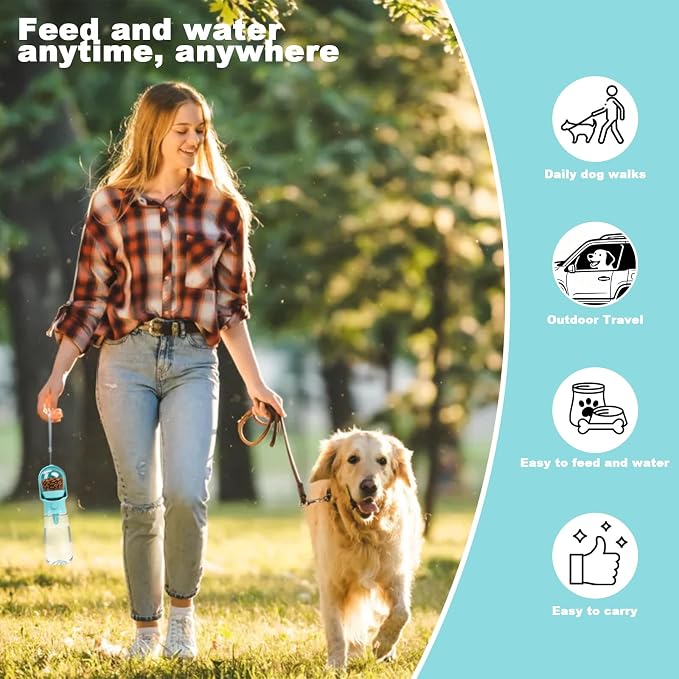 Blue Large Portable Dog Water Bottle with Food Container | Travel Dog Water Bowl(500ml),Food Container(180ml),Leak-Proof,2-in-1 Pet Essential Outdoor Supplies for Walks Hikes Campsites