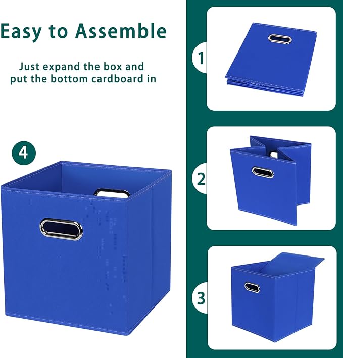 Black Foldable Storage Cubes Bins, Fabric Storage Box Cubes Organizer Baskets with Dual Handles for Home Organizer,Set of 3,(Dark Blue)