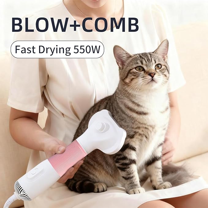 Dog Grooming Dryer with Slicker Brush, 3 in 1 Professional Portable Pet Dryer for Dogs Cats Adjustable Temperature Speed Settings, Pet Blow Brush for Home Travel Use (Pink)