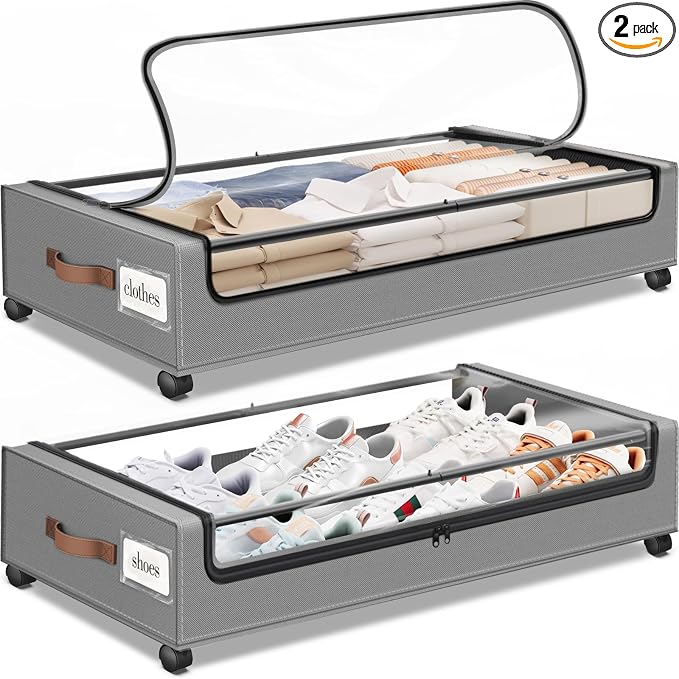 Under Bed Storage with Wheels 2Pack Storage Containers with Clear Window | Under Bed Drawers Rolling Under Bed Storage for Clothes,Shoes, Blankets (30.71 x 16.93 x 6.69 in, Light Grey)