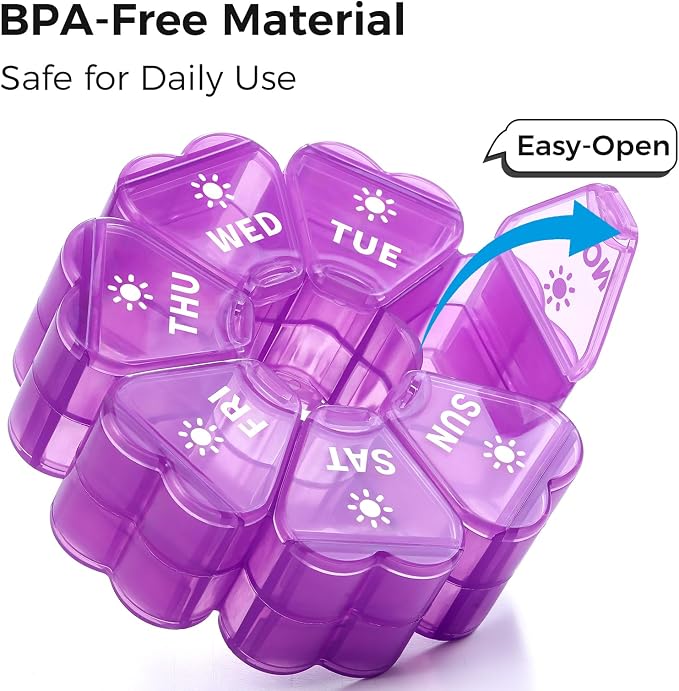 LANDNEOO Weekly Pill Organizer 2 Times a Day, Cute Double-Sided AM PM Pill Case 7 Day, Purple Travel Pill Box for Medication, Vitamins, Fish Oils, Supplements - Purple