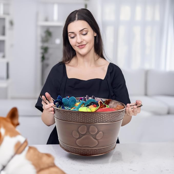 BREKX Metal Indestructible Dog Toy Bin - Chew-Proof Storage Bin | Copper Finish Farmhouse Organizer Storage Basket for Pet Toys, Blankets, Leashes with a Embossed Paw-Print