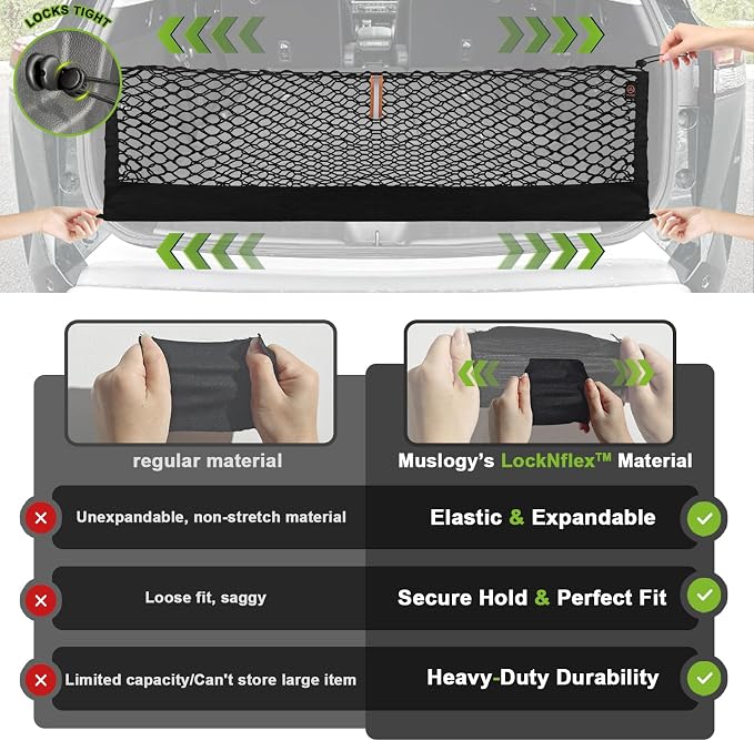 Muslogy Cargo Net for Honda Pilot 2023-2026 & 2026+ Passport Accessories | Custom Fit, Trunk Storage Organizer Net for SUV Sedan Van Divider, with Heavy Duty Carabiners, Night Visible Grab Handle