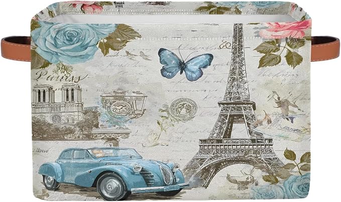 AUUXVA Storage Basket Vintage Paris Eiffel Tower Rose Flower Old Car Storage Cube Box Durable Canvas Collapsible Toy Basket Organizer Bin with Handles for Shelf Closet Bedroom Home Office