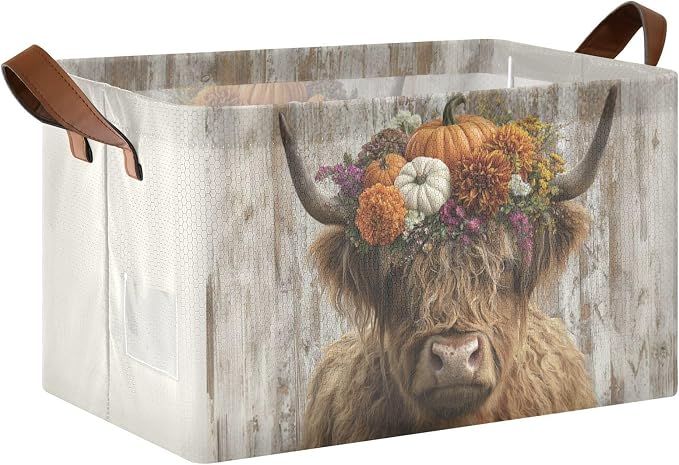 Rustic Pumpkin Fall Highland Cow Storage Basket Foldable Cube Storage Bins with Handles&Label Waterproof Organizer Box Bin Large Rectangle Decorative Baskets for Shelves Home Room Laundry Party