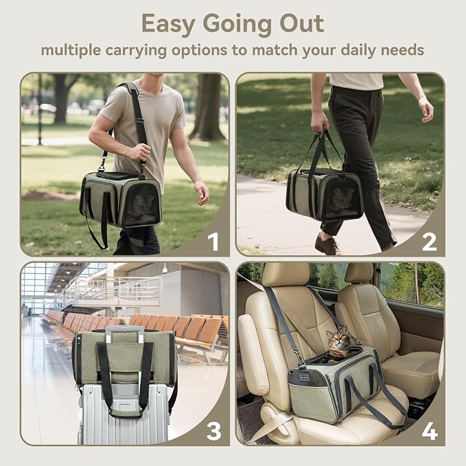 Petsfit Small Expandable Cat Carrier for Air Travel, Up to 9 lb | 16 x 10 x 9 in; sized for Alaska Airlines, with locking zippers, an interior safety tether and multi-side ventilation.