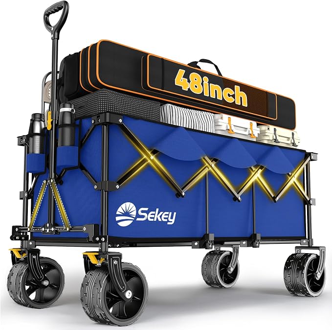 Sekey Extended Collapsible Foldable Wagon with 660lbs Weight Capacity, Heavy Duty Folding Utility Garden Cart with Big All-Terrain Beach Wheels & Drink Holders. Royal Blue