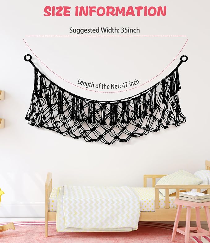 Stuffed Animal Net Hammock, Save Space Eliminate Clutter (Black) | Premium Cotton Hand-knitted plush hammock, Boho Stuffed Animal Storage for Nursery, Bedroom Decor, playrooms