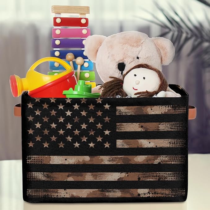 Pardick Flag Basket Storage Bins Rectangle Canvas Basket Cube Storage Box | Nursery Foldable Basket with Handle for Kids Girls Boys Toys Living Room Closet Organizer Shelf Gifts Camo Brown