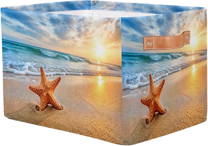 Pardick Beach Basket Storage Bins Rectangle Canvas Basket Cube Storage Box | Nursery Foldable Basket with Handle for Kids Girls Boys Toys Living Room Closet Organizer Shelf Gifts Starfish Nautical