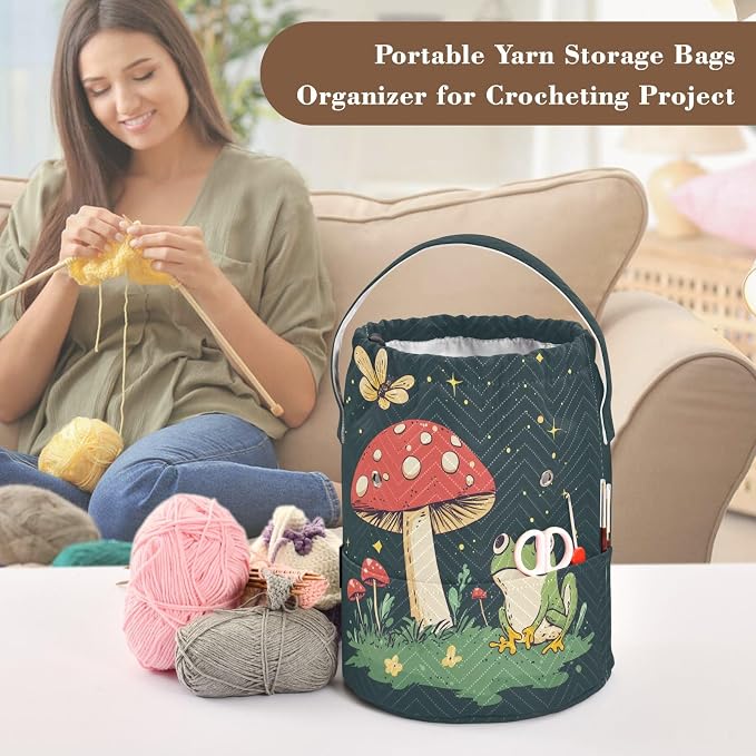 Fustylead Cute Frog and Red Mushroom Butterfly Knitting Crochet Bag, Portable Large Yarn Storage Drawstring Basket Organizer for Crocheting Hooks, Project, Store Skein Ball, Short Knitting Needle