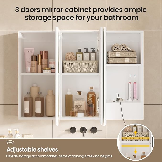 Medicine Cabinet Organizer with Mirror, Lighted Bathroom Medicine Cabinet with Storage, 3 Doors Bathroom Wall Cabinet with LED Lights, Adjustable Shelves & Outlets, 31.5'' x 23.6'', White