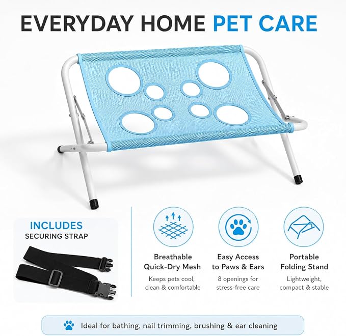 Pet Grooming Hammock for Dogs with Stand, Foldable Metal Frame and Breathable 8-Hole Mesh Restraint, Portable Bathing, Nail Trimming and Ear Cleaning Station for Small Dogs and Cats，Pink