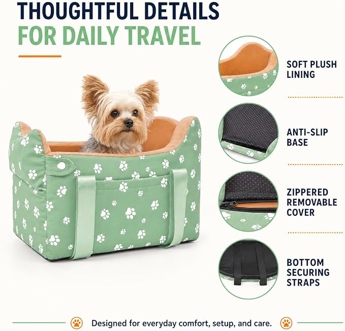 Dog Center Console Car Seat for Small Dogs Under 15lbs,Detachable Washable Booster Pet Car Seat Travel Bed with Storage Pockets and Seat Belt(Green)