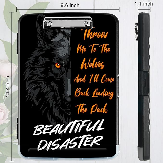 A4 Clipboard with Storage Pen Holder, Clipboards Organizer Nursing Clipboard Foldable File Folder Plastic Clipboard Folio Clip Board for Office Students Classroom Doctor Teacher, Cool Wolf