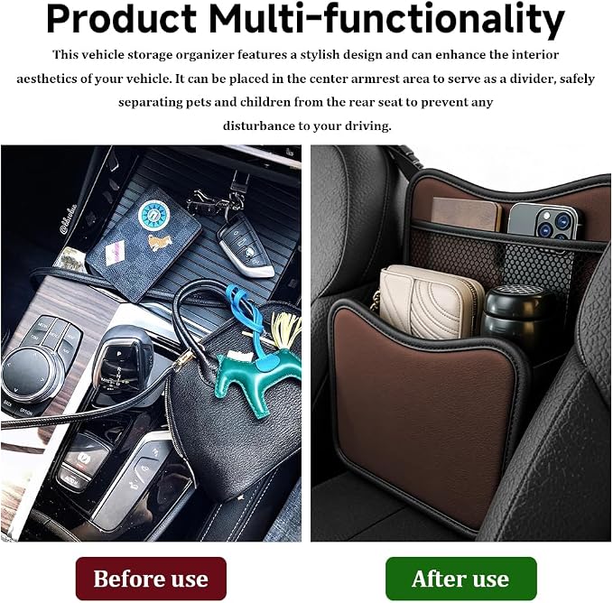 Car Organizer Storage Between Seats, Car Purse Holder, Nappa Leather Front Seat Storage Bag with Tissue Holder, Large Capacity Auto Console Organizer for Document Phone Wallet Snack (Brown)