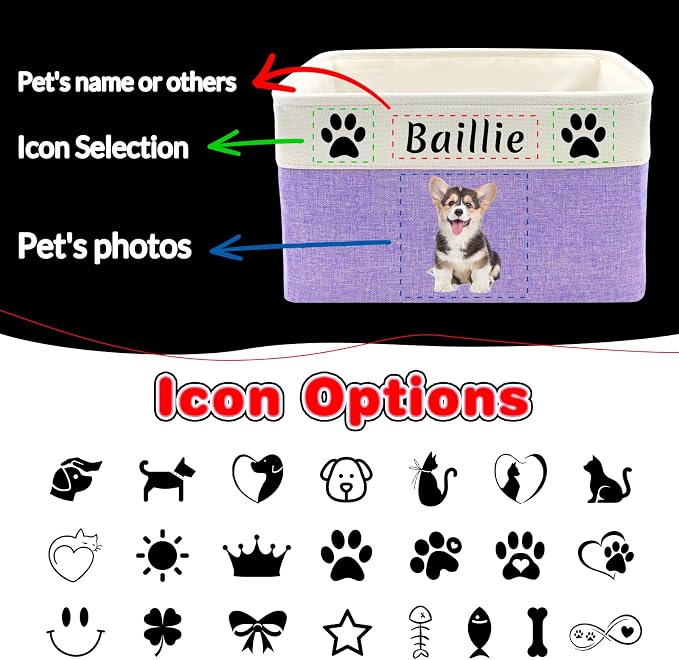 Personalized Dog Toy Storage Basket Custom Dog Name Photo Cat Pet's Gift Baskets Collapsible Organizer Box Foldable Storage Basket with Handle for Toys, Coats, Clothing, Blankets, Purple