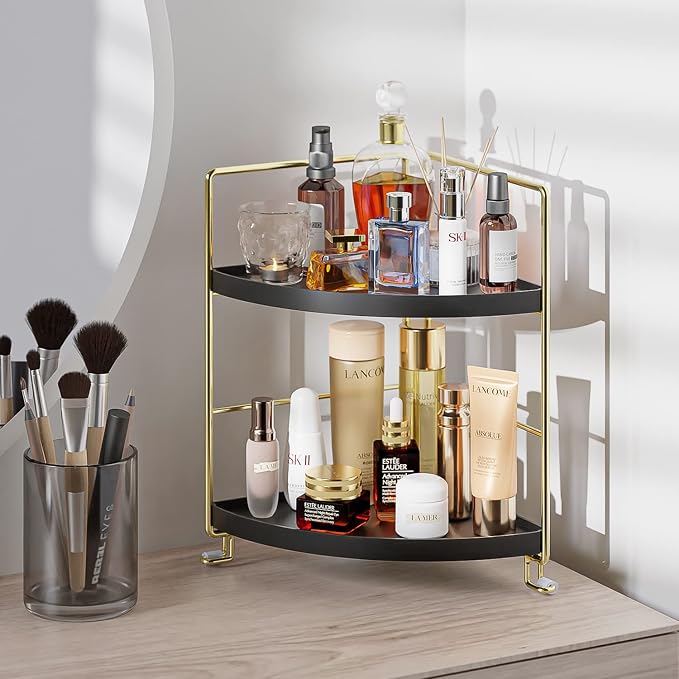 KINGNERWI 2-Tier Bathroom Counter Organizer, Vanity Corner Shelf, Black | Makeup Skincare Storage Tray, Small Countertop Rack, Stores Cosmetics, Perfume, Seasoning, Fits Sink and Dresser