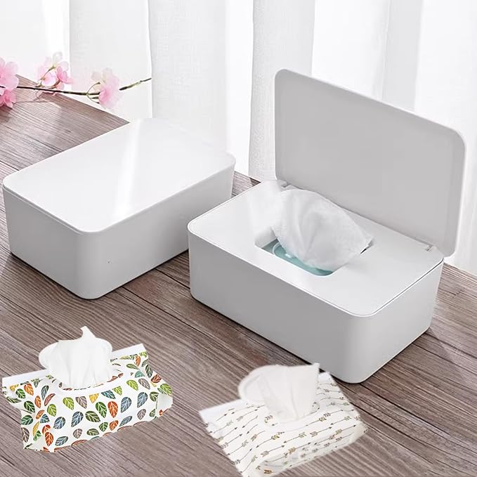 Wipes Dispenser Set,1 Wipe Box & 2 Portable Pouches,White | Refillable Reusable Large Wet Wipe Holder, Flushable Wipes Case Bathroom Wipes Container for Pet Nursery Kitchen Office