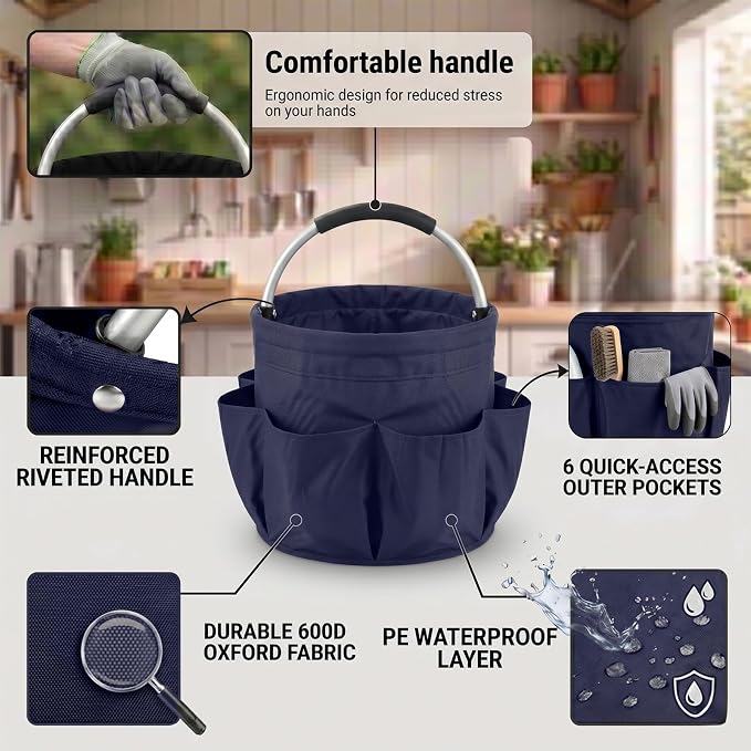 Foldable Cleaning Caddy with Handle 17L Large Cleaning Supplies Organizer 600D Oxford Portable Bucket Basket with 6 Pockets for Home Bathroom Garden Garage - Blue