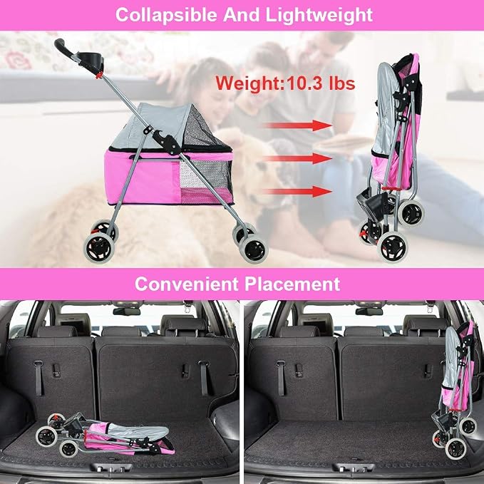 HGS Pet Cat Dog Stroller 4 Wheels Jogger Puppy Travel Carrier Portable Doggie Cage Strolling Cart with Cup Holders, 35Lbs Capacity Folding Waterproof Strolling Cart for Medium Dogs Cats Pet, Pink
