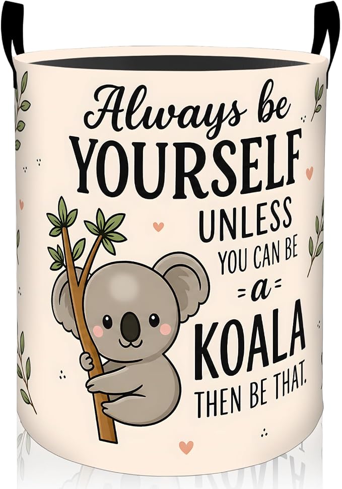 Cartoon Koala Laundry Basket, Inspirational Foldable Oxford Cloth, Waterproof Dirty Clothes Hamper with Handles, Clothing Storage Bin Toy Organizer for Bedroom Dorm Bathroom, 19.7"x15.7"