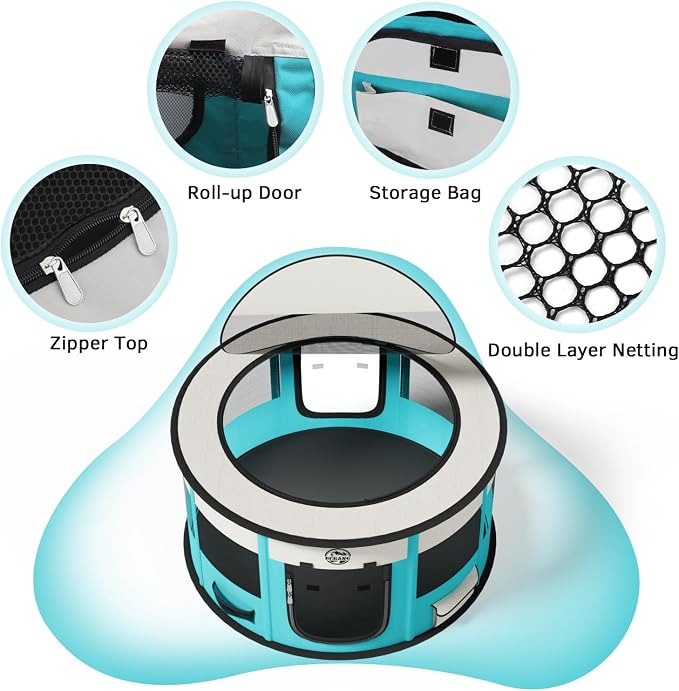 Dog Playpen for Puppies and Cats: Foldable Pet Pen with Dual Doors | Two Zippered Doors, 360° Mesh Windows, Removable Breathable Top, Spacious Interior