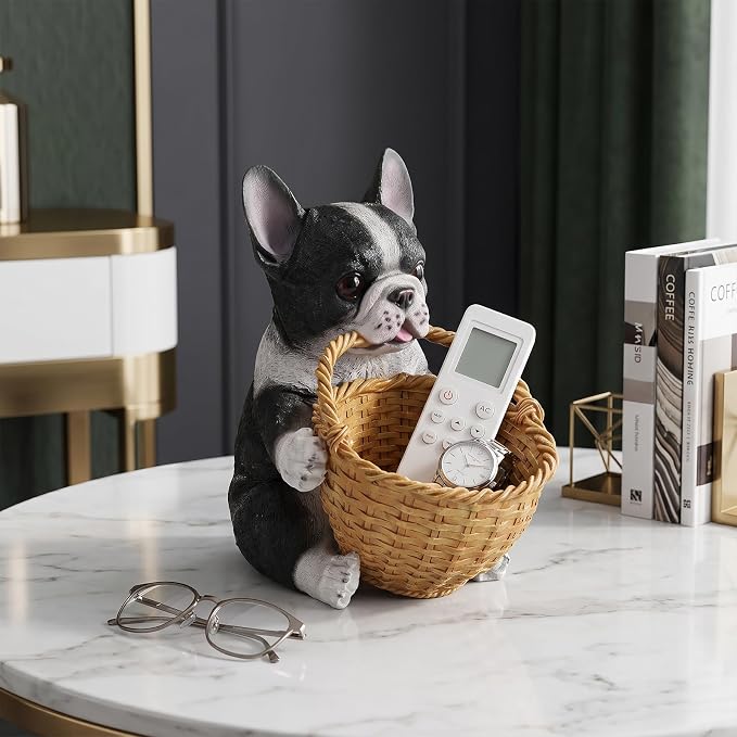 Black and White French Bulldog Key Bowl for Entryway Table, Funny Dog Candy Dish for Office Desk, Decorative Woven Basket & Unique Catchall Bowl for Keys, Small Baskets for Organizing