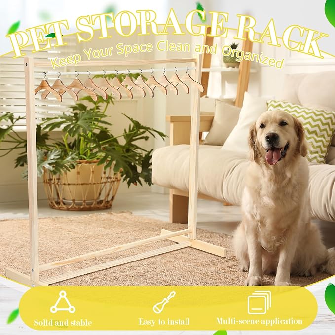 Estune Dog Garment Rack with 12 Wood Pet Clothes Hanger Wooden Dog Dress up Storage Small Closet Pet Clothes Organizer Accessories for Doll Cat and Puppy(Medium)