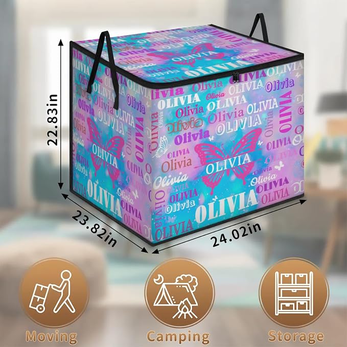 Custom Storage Baskets Cubes for Home with Name, Large Organizer Collapsible Storage Bins for Home Blanket Comforters Clothes Closet Nursery, Watercolor Pink Blue Galaxy with Butterflies