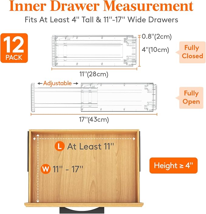 Lifewit 4" High Upgrade Drawer Divider, Adjustable Drawer Organizer Clothes | 12 Pack 11-17" Expandable Clear Plastic Drawer Separator for Dresser, Kitchen, Closet, Nursery, Office Organization & Storage