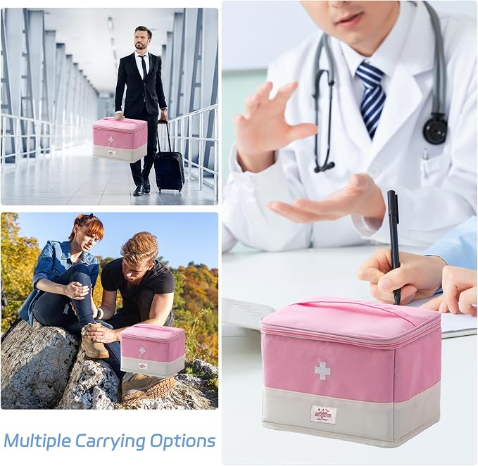 Travel Medicine Bag Organizer, Medical Bag Empty for First Responder Storage, Emergency Medical for Home, Travel, Camping, Car, Hiking & Outdoor Emergencies (Pink)
