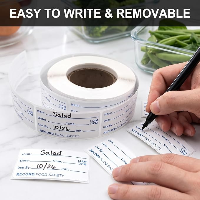 Food Storage Labels, 1000Pcs 2 Rolls, Small Self Adhesive | Removable water-resistant freezer stickers and date tags for kitchen organization, canning and food prep.