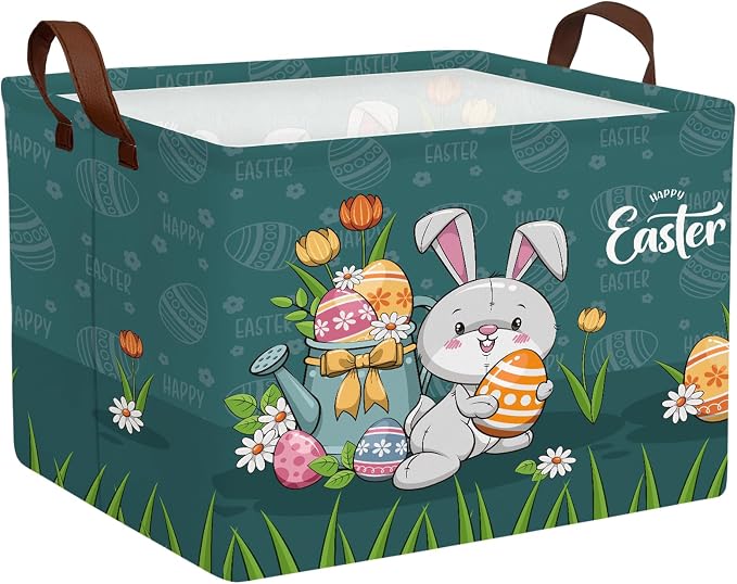 Large Cute Easter Basket for Kid Empty Gift Baby Rectangle Storage Bin Bunny Eggs Boy＆Girl Room Décor (Rabbit Blue)