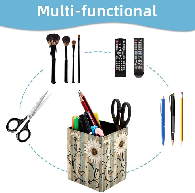 Flowers on Vintage Wooden Boards Pen Holder for Desk Decor, Rectangular PVC Leather Pencil Cup for Desk Pen Organizer, Makeup Brush Holder for School, Home, Office