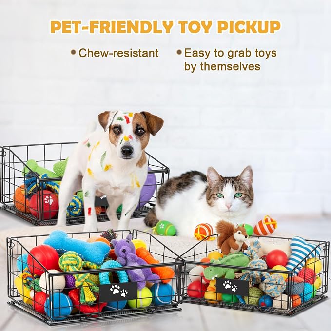 3 Pack Metal Dog Toy Baskets Multi-sized Foldable Dog Toy Bins Box Storage Container Organizer for Living Room Area Decorative Pet Accessories Coat Clothing Storage Holder Baskets(Black)