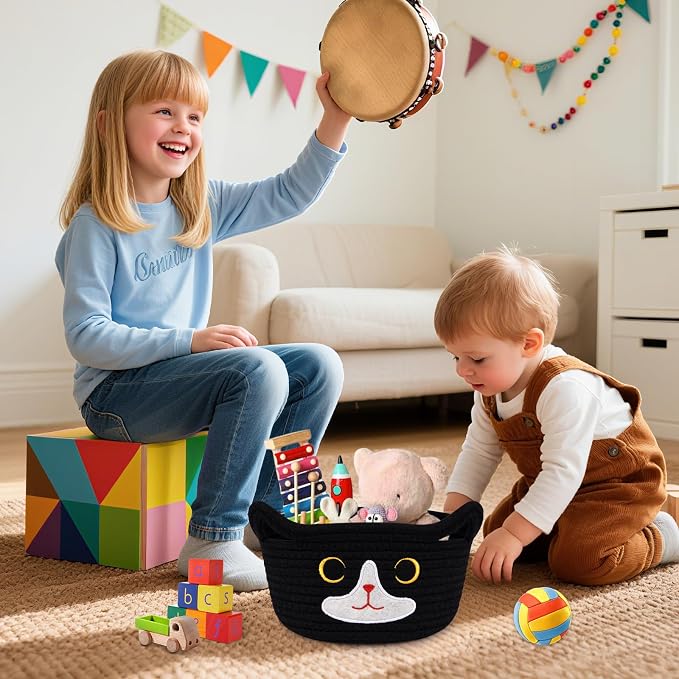 Cat Basket for Nursery, Small Storage Basket,Black Woven Rope Cotton Basket | Baby Blanket Bin with Cat Ears Handles, Animal Blanket Towel Halloween Decor Storage Bins, 8.2" x 4.7" IN